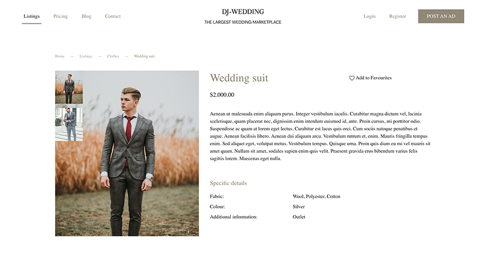 dj-wedding szablon ślubny dla joomla oparty na yootheme pro widok na pojedyncze ogłoszenie