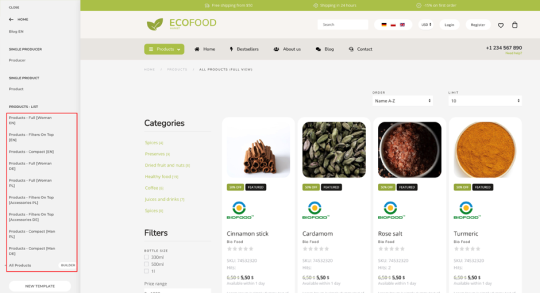 dj-ecofood szablon ecommerce dla Joomla oparty na Yootheme pro widok szablonów dla określonych kategorii