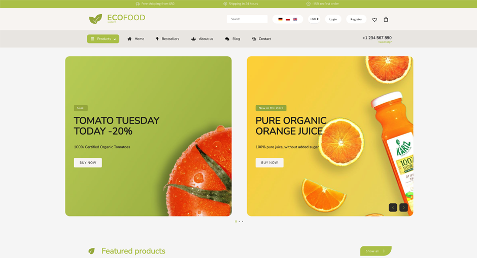 dj-ecofood szablon ecommerce dla Joomla oparty na Yootheme pro widok strony głównej
