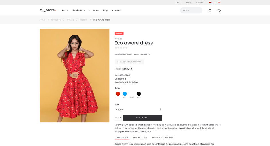 dj-fashionstore szablon sklepu odzieżowego dla Joomla oparty na yootheme pro widok pojedynczego produktu