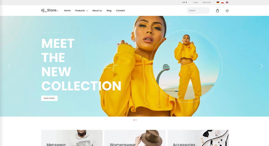 dj-fashionstore szablon sklepu odzieżowego dla Joomla oparty na yootheme pro widok strony głównej