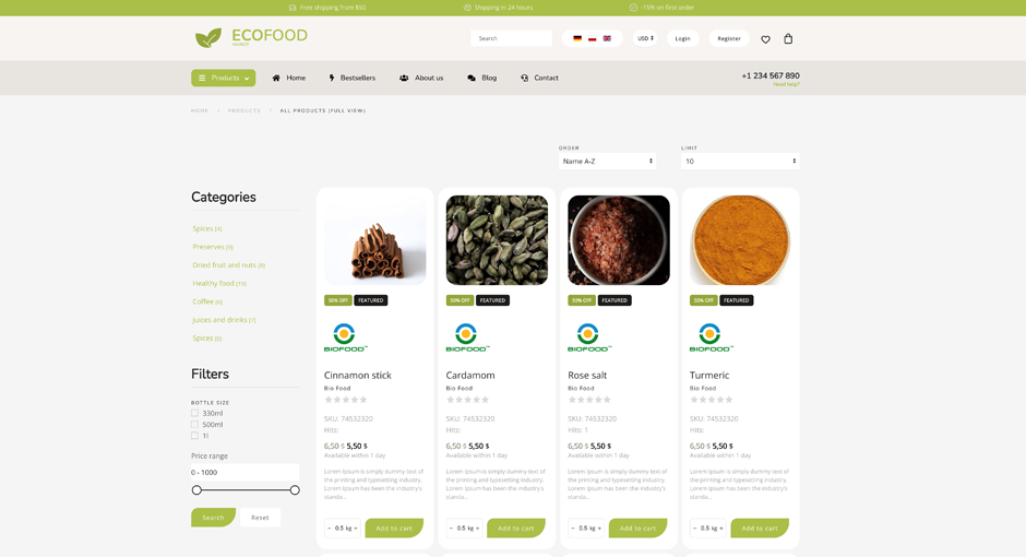 dj-ecofood szablon ecommerce dla Joomla oparty na Yootheme pro widok listy produktów